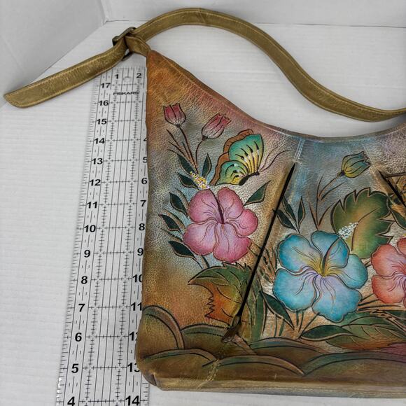 Anuschka Shoulder Bag Leather Hibiscus Flower Butterfly Hand Painted Handbag - Picture 12 of 14